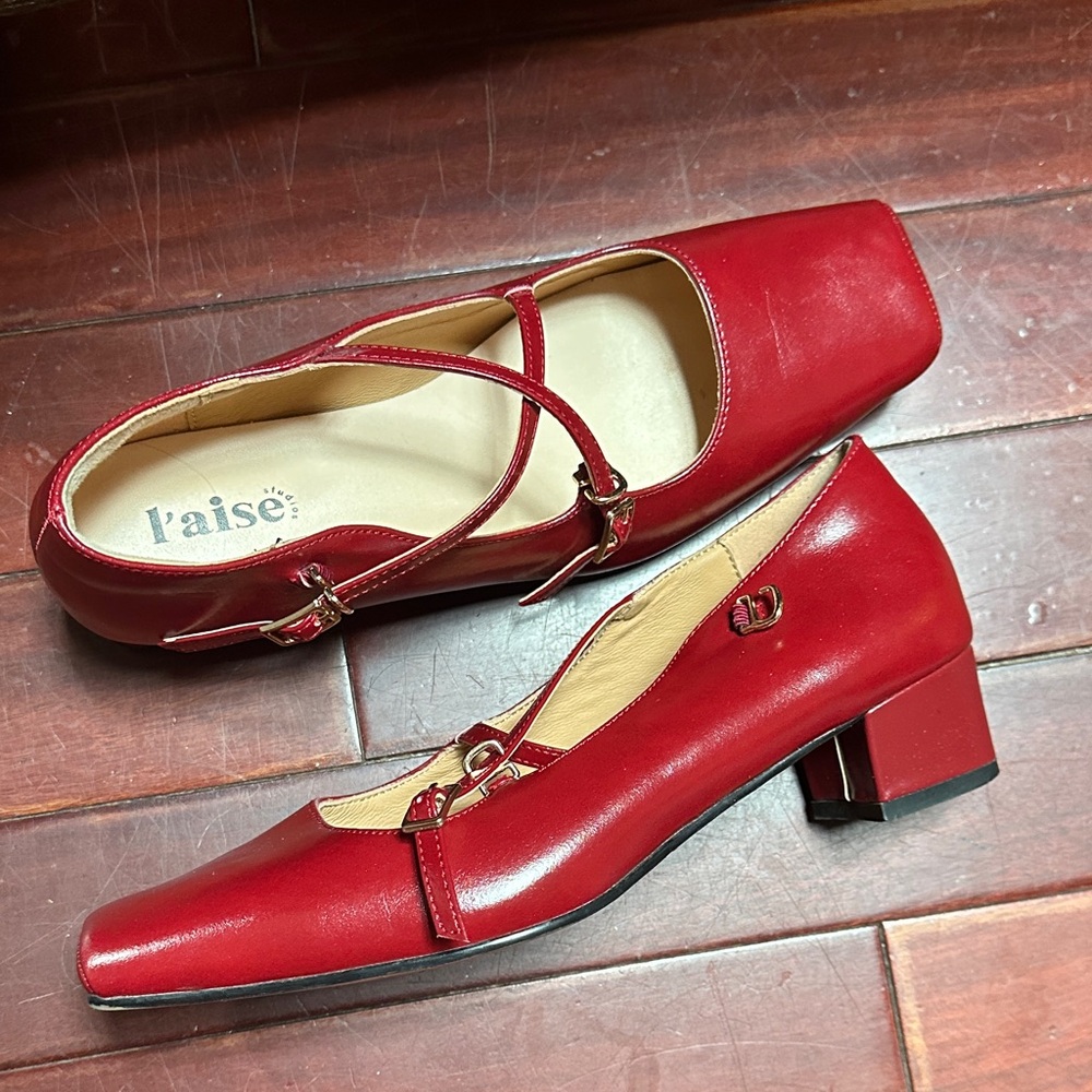 Red Double-Strap Mary Jane Block Heel Pumps